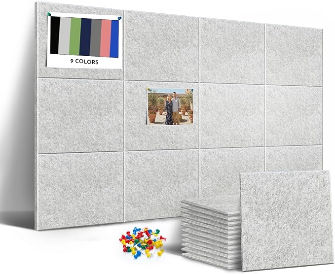 MISSDAY Light Grey Acoustic Wall Panel Large Felt Bulletin Board 48" x 36" Cork Board for Wall, 12-Pack Boards with 72 Adhesive Tabs, 50 Pins, Pin Board for Home Office Classroom Soundproof Wall Tile