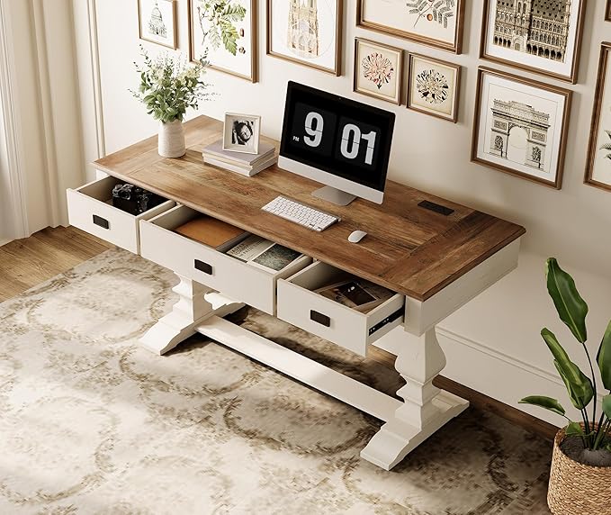 WAMPAT 60-inch Vintage Executive Desk with Charging Station, Featuring T-Style Solid Wood Legs with Anti-Slip Tips,3 Deep Drawers and Ergonomic Scalloped Edges,for Home Office,Study,Antique White
