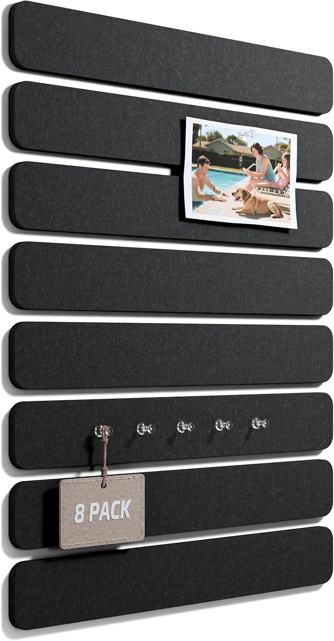 Fluxynara Cork Board Alternative Felt Strip Board 8-Pack 13"x2", Office Pin Board with 50 Push Pins, Adhesive Install for Bedroom Door & Home Office(Black)