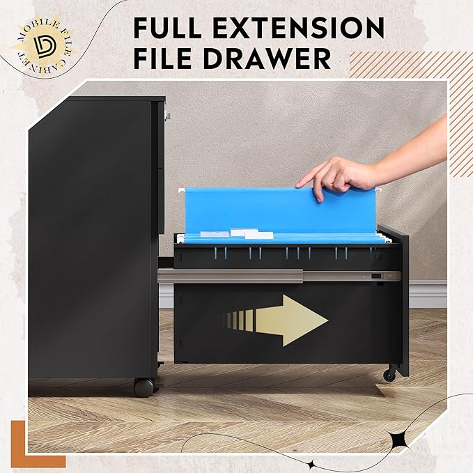 DEVAISE 3 Drawer File Cabinet with Combination Lock, Fully Assembled Metal Filling Cabinet Except Wheels, Mobile Under Desk File Cabinets for Home Office, Black