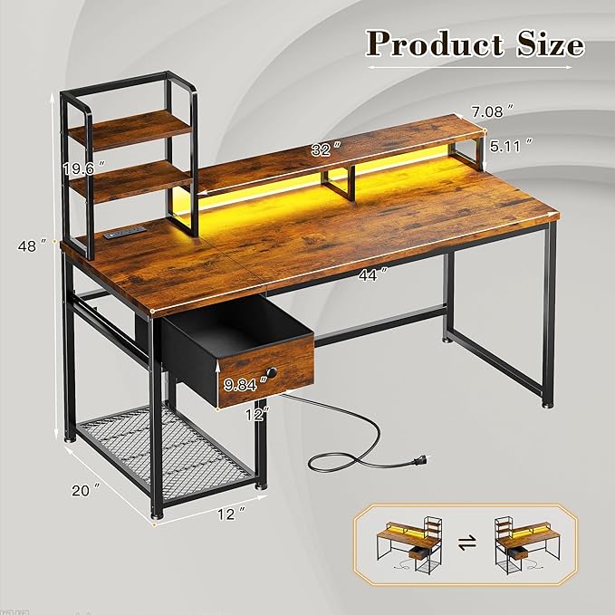 EnHomee 44 Inch Computer Desk with Hutch and Drawers,Reversible Home Office Desk with Monitor Shelf,Small Gaming Desks with USB Power Outlets,Writing Table for Office with LED Lights,Rustic Brown