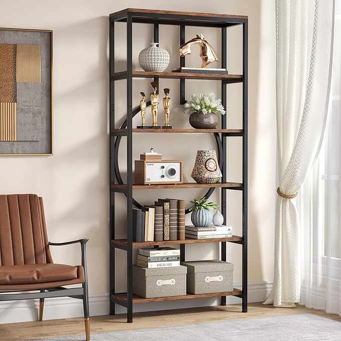 Tribesigns 70.9 Inch Industrial Bookshelf, 6-Tier Tall Etagere Bookcase with Open Shelves, Metal Decorative Book Shelf Storage Shelving Unit for Living Room and Home Office, Rustic Brown 2PCS