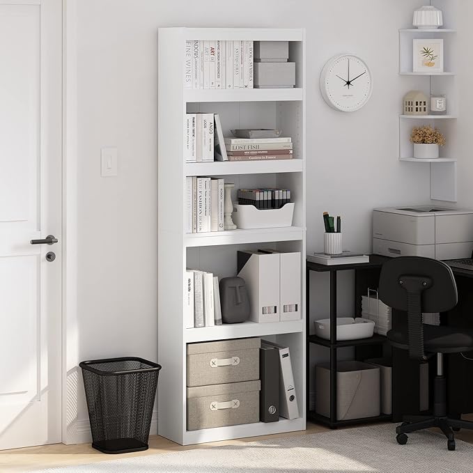 Furinno JAYA Book Shelf, 5-Tier Bookshelf, Enhanced Home Bookcase with Adjustable shelf, 9.5" x 24.5" x 71.1", for Organization and Storage, for Living Room, Bedroom, Home Office, White