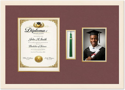 Diploma Tassel and Photo Shadowbox Fits 8.5 x 11 Certificate (Portrait) with Tassel Coastal Whitewash Genuine Hardwood with Dark Red Over Metallic Gold Double mat