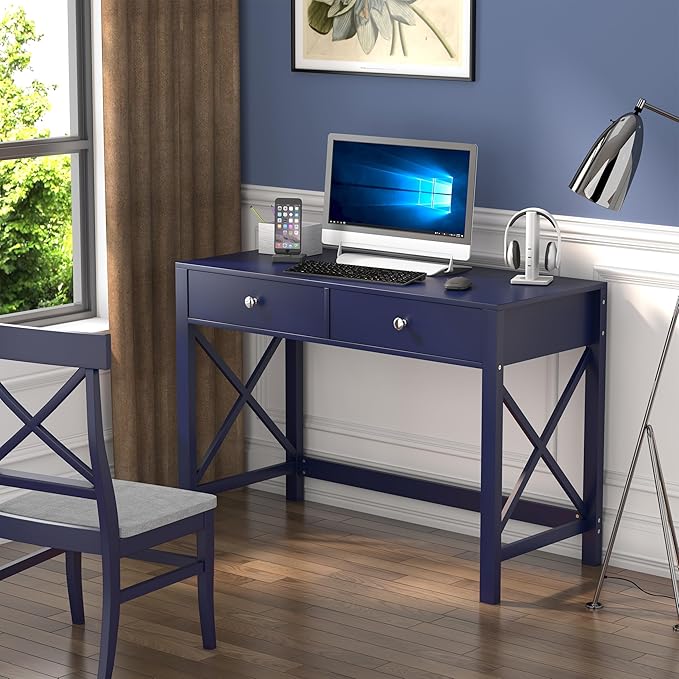 WiberWi Home Office Desk with Drawers, Modern Writing Computer Desk for Bedroom, Small Navy Makeup Vanity Table Study Table