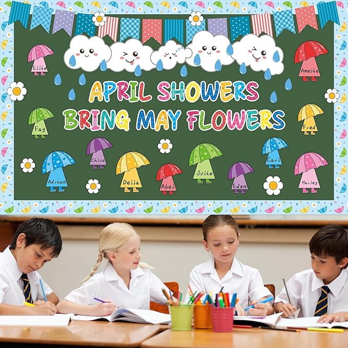 gisgfim April Showers Bring May Flowers Bulletin Board Set Spring Easter Classroom Decorations Colorful Umbrella Clouds Floral Paper Cutouts for School Home Nursery Chalkboard Door Wall Decor