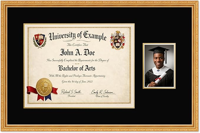 CountryArtHouse Fits 17 x 13 International Diploma and 5 x 7 Photo Diploma and Photo Frame Museum Gold Genuine Hardwood with Black Over Metallic Gold Double mat