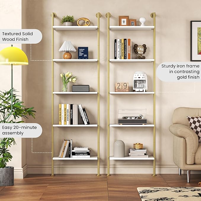5-Tier Bookshelf - Solid Wood Narrow Bookcase Set of 2, Wall Mount Ladder Shelf, Storage Rack for Living Room, Bedroom, Bathroom, White and Gold