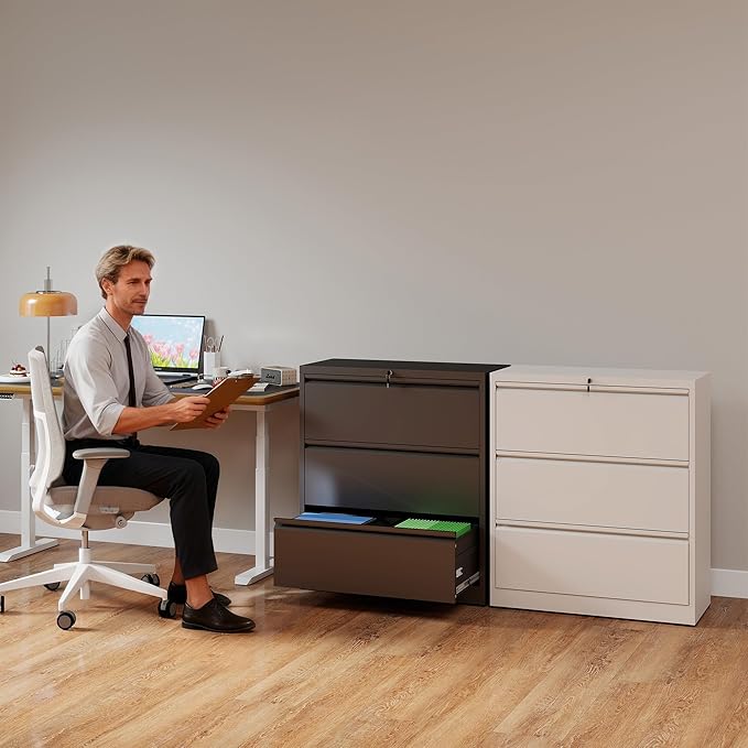 3 Drawer File Cabinet with Lock, Lateral Filing Cabinets,Metal Storage Filing Cabinets for Home Office, Heavy Duty File Cabinet for Letter/Legal/A4/F4 Size Amsseble Required, White