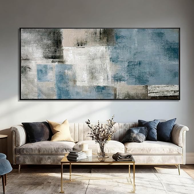 SDYA Blue Abstract Wall Art Canvas Painting Modern Minimalist Artwork for Living Room Bedroom Office, Neutral Blue Gray Textured Wall Decor Oil Painting 32"x70"