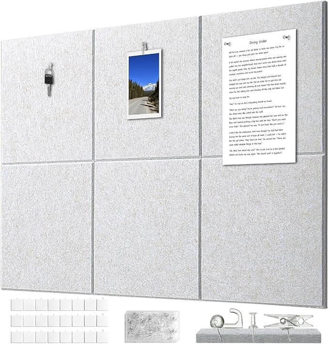Felt Wall Tiles Bulletin Board Large Cork Board Alternative 6 Pack 11.81”x11.81”x0.47” Felt Pin Board Tack Board with Safe Removable Adhesive Tabs for Home Office School 36x24 (Light Camel)