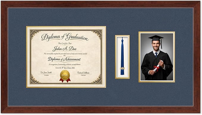 Diploma Tassel and Photo Frame Rustic Walnut Shadowbox Navy Blue Over Gold Mat - Fits 11 x 8.5 Degree Picture Made in the USA