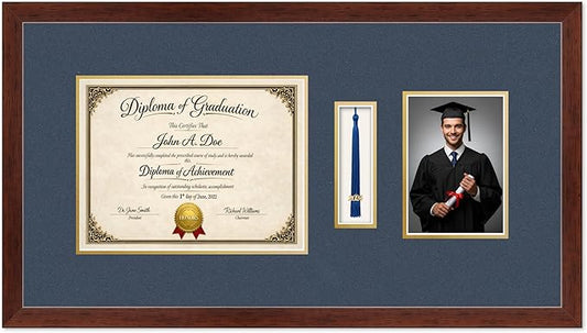 Diploma Tassel and Photo Frame Rustic Walnut Shadowbox Navy Blue Over Gold Mat - Fits 11 x 8.5 Degree Picture Made in the USA