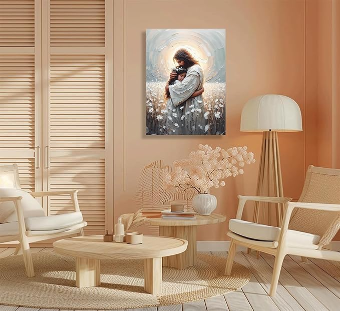 Christian Canvas Wall Art -His Love- Jesus Hugging Girl Painting Safe Haven Posters Bible Prints Jesus Picture Jesus with Children Wall Decor framed