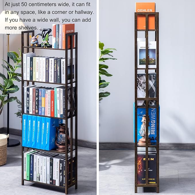 COPREE 5 Tier Bookshelf, Bamboo Space-Saving Tall Book Shelves,Walnut-Colored Freestanding Narrow Book Rack Organizer Shelving Unit Storage for Small Space, Living Room, Bedroom and Office