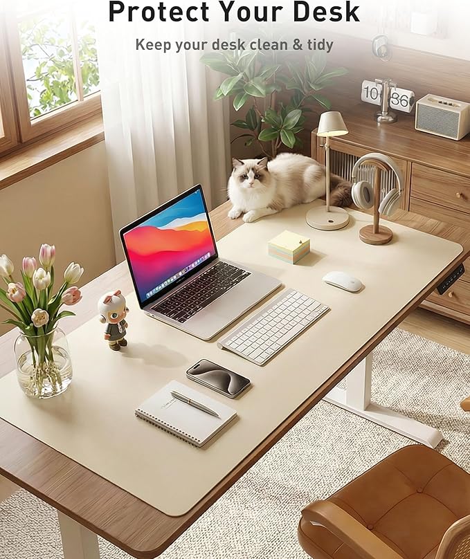 Aothia Faux Leather Desk Mat - Large Mouse Pad, Non-Slip PU Leather Blotter, Waterproof Writing Surface for Office and Home (Beige, 42" x 17")