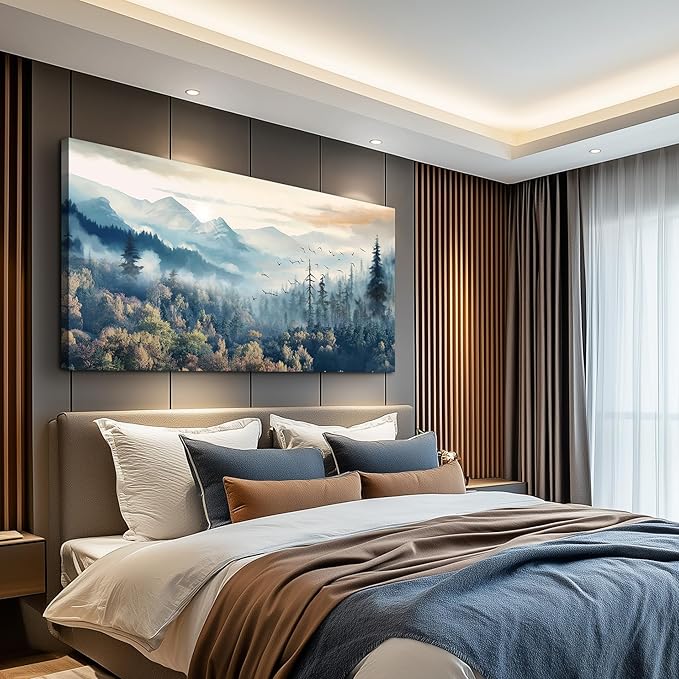 MHARTK66 Modern Canvas Wall Art For Living Room Decorations For Bedroom Office Wall Decor Prints Foggy Forest Trees Landscape Wall Painting Pictures Ready To Hang Room Home Decor 20x40 in