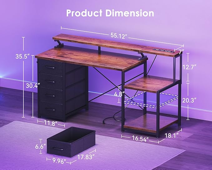 ODK 55 Inch Computer Desk with 4 Drawers, Office Desk with Power Outlets, Printer Shelf & Storage Shelves, Large Writing Study Table for Home, Bedroom, Study or Gaming Setup, Vintage