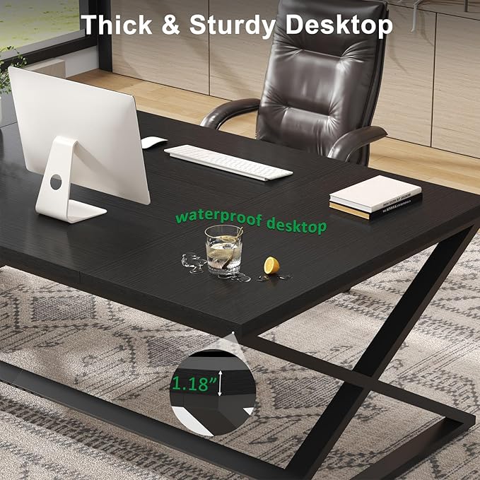 IBF Black Desk, Large Home Office Work Desk, 78.7” Long Computer Desks, Simple Wide Study Writing Desk, Wood Metal Double PC Executive Workstation Gaming Desk Computer Table for Bedroom, Black Oak