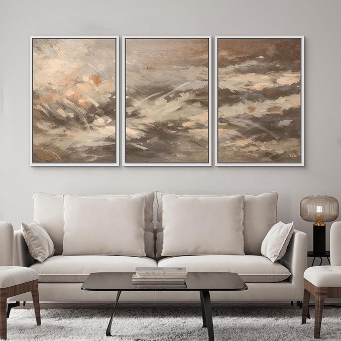 SIGNWIN Framed Canvas Print Wall Art Set Warm Earth Tone Brushstroke Abstract Illustrations Modern Art Decorative Boho Relax/Zen Nordic for Living Room, Bedroom, Office - 24"x36"x3 White