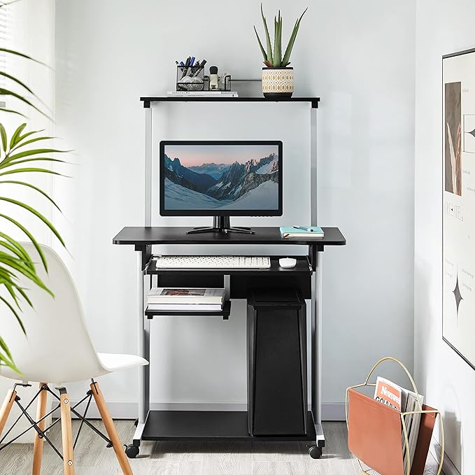 Yaheetech 2 Tier Mobile Computer Desk with Printer Shelf & Keyboard Tray Rolling Computer Table for Small Spaces, Compact Study Workstation with Wheels, Space Saving, Black