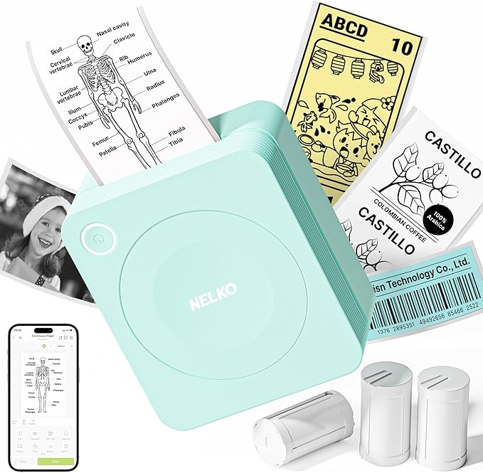 Nelko Sticker Printer, PM230 Print Pod Mini Bluetooth Portabel Sticker Maker with 3 Rolls Paper, Print Pods with Multiple Templates for Phone & Tablet, Smart AI APP Family, Green
