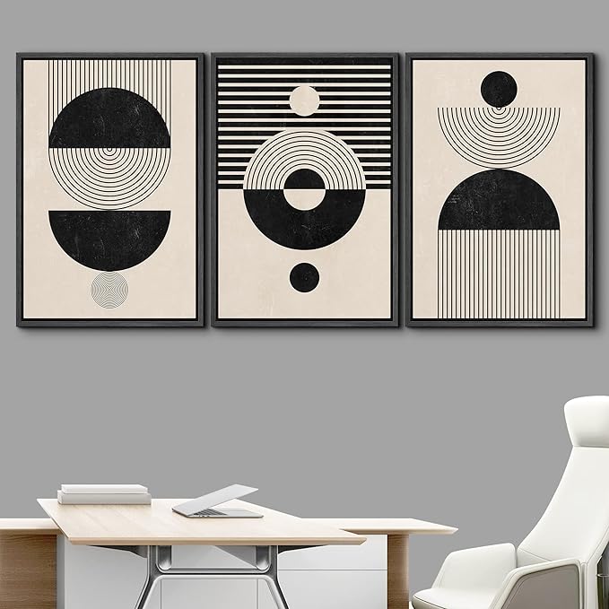 IDEA4WALL Framed Canvas Print Wall Art Set Geometric Black Tan Stripe Circle Stripe Collage Abstract Shapes Illustrations Modern Art Nordic for Living Room, Bedroom, Office - 16"x24"x3 Black