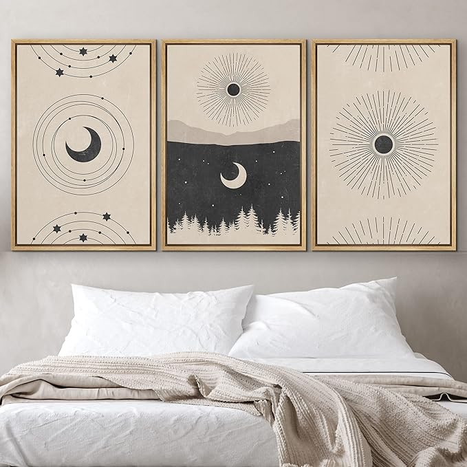 IDEA4WALL Framed Canvas Print Wall Art Set Crescent Moon Shining Sun Forest Galaxy Astronomy & Space Nature Illustrations Modern Art Rustic for Living Room, Bedroom, Office - 16"x24"x3 Natural