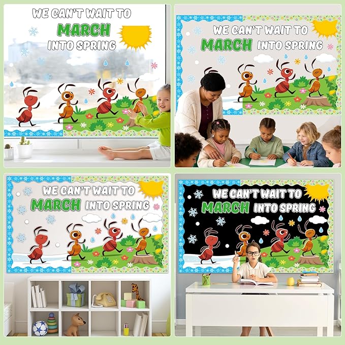Spring Ant Bulletin Board Set March into Spring Classroom Decoration Colorful Flowers Ant Bulletin Board Springs Ants Paper Cutouts for Back to School Classroom Chalkboard Wall Decor