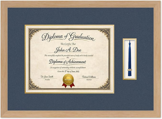 Diploma Frame with Tassel Holder Natural Wood Shadowbox Navy Blue Over Gold Mat - Fits 13 x 10 Degree Made in the USA