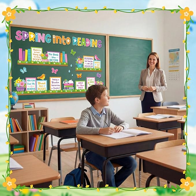 Qilery Spring Bulletin Board Set Reading Classroom Decorations, Spring Into Reading Cutouts for Teachers, Motivational Library Wall Door Decor, Seasonal Book Corner Supplies for Elementary School