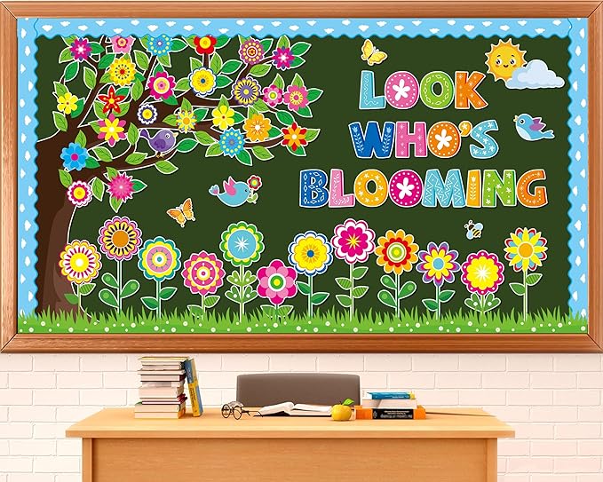 Spring Bloom Flower Bulletin Board Set Look Who’s Blooming Classroom Decorations Spring Tree Growth Mindset Photo Posting Paper Cutouts for Class School Office Nursery Home Chalkboard Door Wall Decor