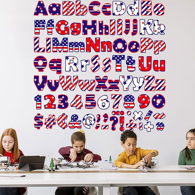 260 Pcs 4th of July Bulletin Board Letters for Classroom 4” Letters Combo Pack Set Patriotic Classroom Decorations American Flag 4th of July Alphabet Numbers Symbols Letters for Classroom Decor