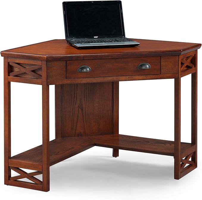 Leick Home 82431 Corner Computer Writing Desk with Drop Front Keyboard Drawer, Oak