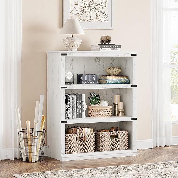 GarveeHome 3 Tier Farmhouse Bookcase, 39.9 in Tall Book Shelf with Storage, Wooden Bookshelves 3 Shelf Display Shelvesfor Home Office, Living Room, Bed Room (White, 39.9 in H x 31.5 in W x 12.8 in D)