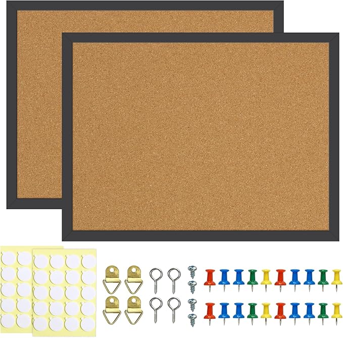 2 Pcs Cork Board, 17.7''x13.3'' Bulletin Board, Black Framed Corkboards for Wall, Small Cork Board, Vision Board Supplies, Prayer Board, Picture Board for Photos, Office, Home Decor, School