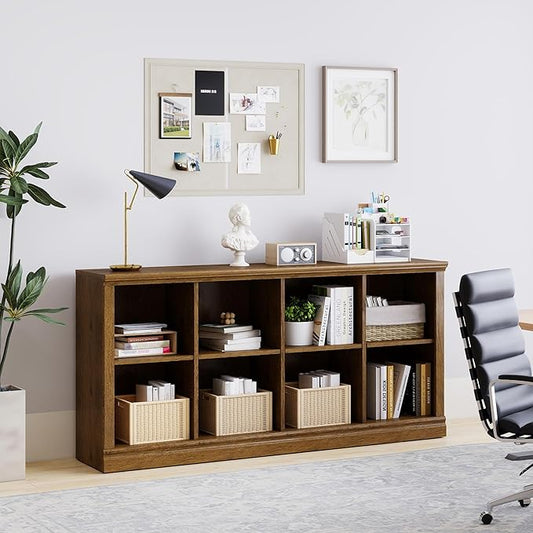 8 Cube Storage Organizer Bookcase - 2 Tiers 8 Storage Cube Adjustable Space Book Case, Display Cabinet Organizer, 54.7 inch Width Horizontal Bookshelf for Home Library Office, Vintage Oak