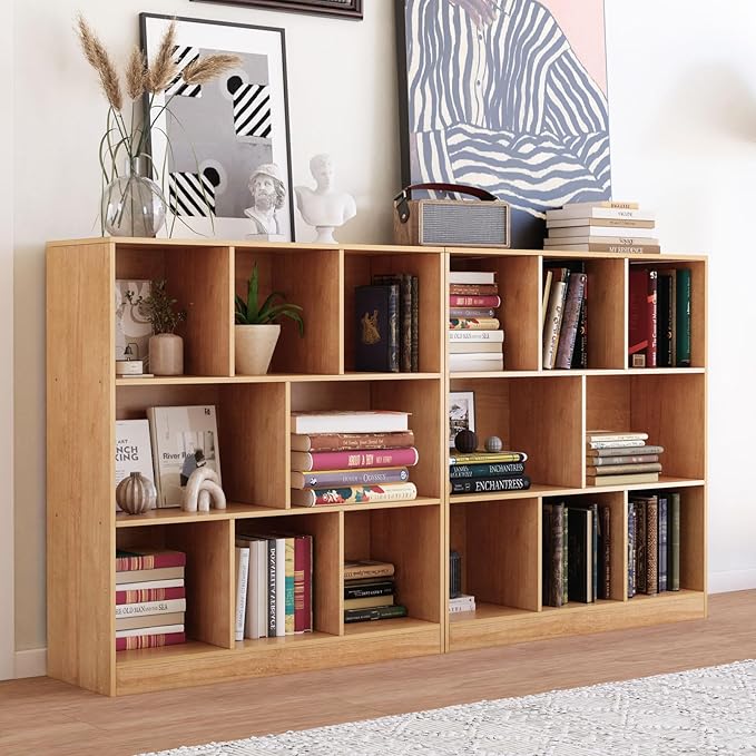 8-Cube Wooden Bookshelf with Base,3-Tier Freestanding Open Storage Organizer,Multi-Functional Bookcase for Living Room,Bedroom,Study and Office (Oak, 8-Cube)