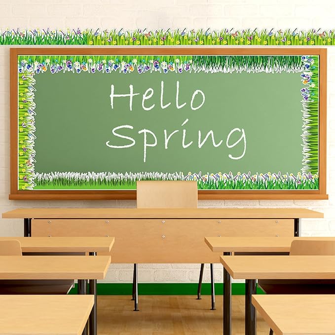 Konsait Bulletin Board Borders Set, 55Ft Green Grass Border for Bulletin Board, Self-Adhesive Butterfly Flower Bulletin Board Border, Bulletin Borders for Classroom Home Office