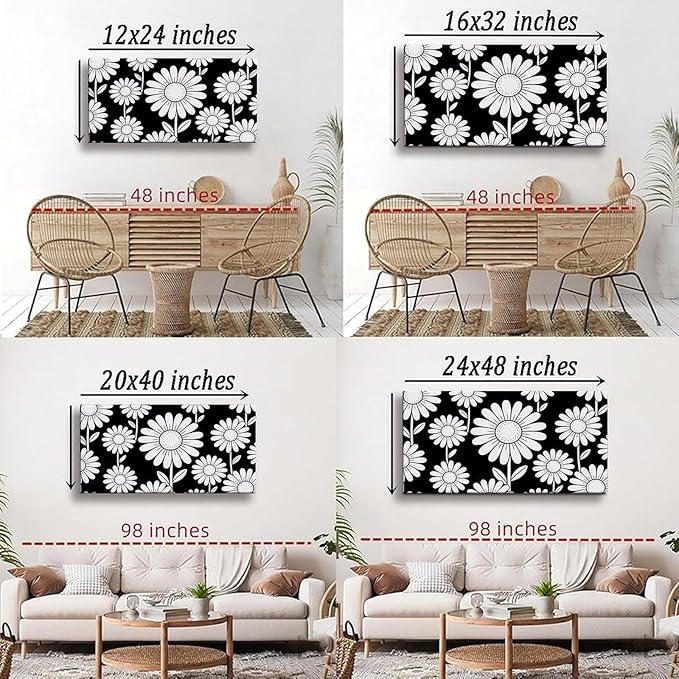 Black White Daisy Floral Framed Canvas Wall Art for Bathroom, Botanical Decor 58" L x 28" W