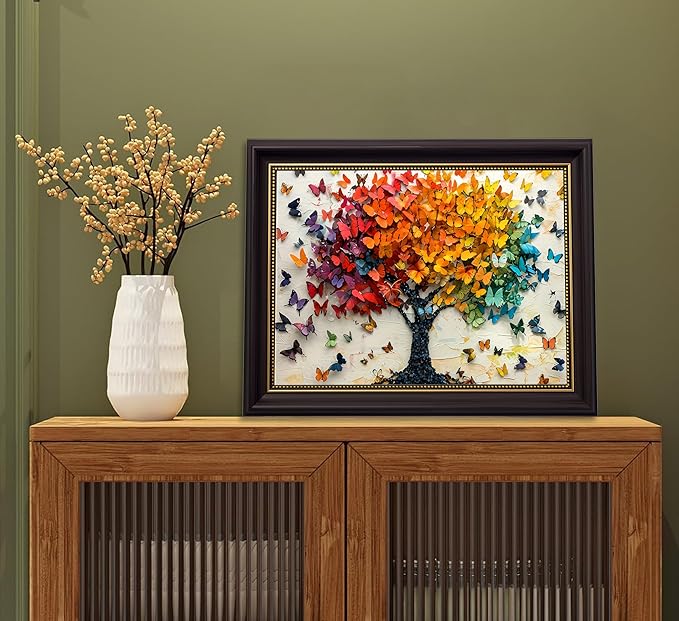 Vintage Dark Brown Framed Wall Art Colorful Butterfly Tree Painting Picture Wall Decor Tree of Life Picture Poster Print Artwork for Wall Living Room Bathroom Bedroom Home Decoration