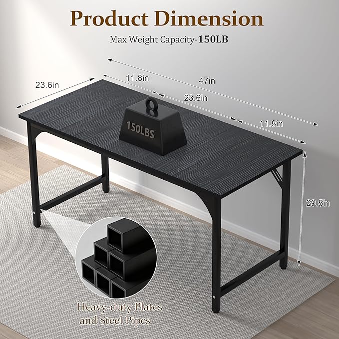 47 X 23.6 inch Computer Desk, Office Desk with Deeper & Thicker Desktop, Modern Simple Study Table with Sturdy Metal Frame & Large Legroom, Study Writing Work Desk for Home Office, Bedroom
