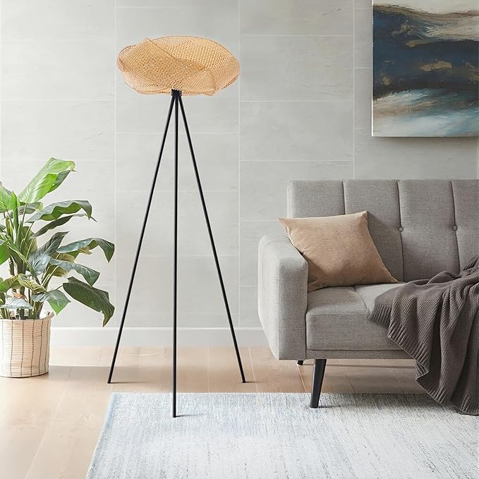 Bamboo Tripod Floor Lamp, Handwoven Lotus Shade Standing Lamp, Boho Natural Woven Light with Black Metal Stand for Living Room Bedroom,Nature