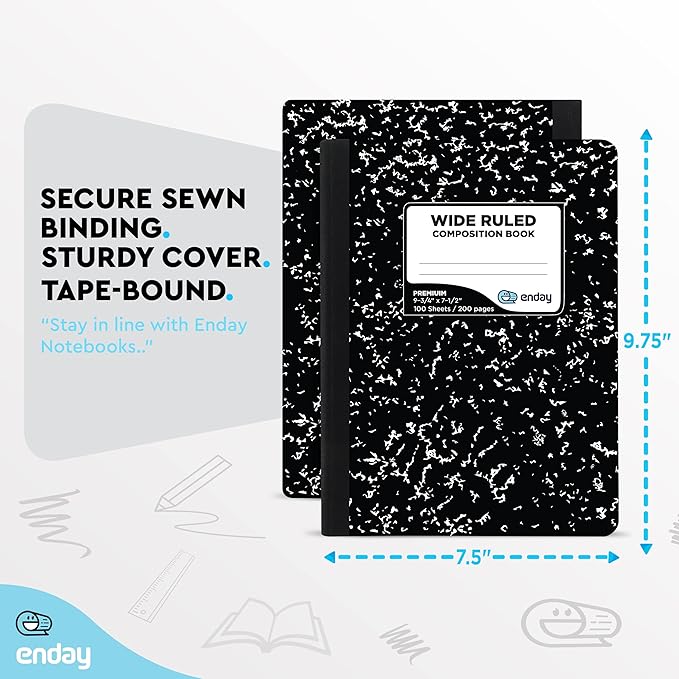 Composition Notebook Wide Ruled (2 Pack) Hard Cover Marble composition notebook, 100 Sheets, Wide Ruled Composition Notebooks, White Paper Composition books, Black and white composition notebook.