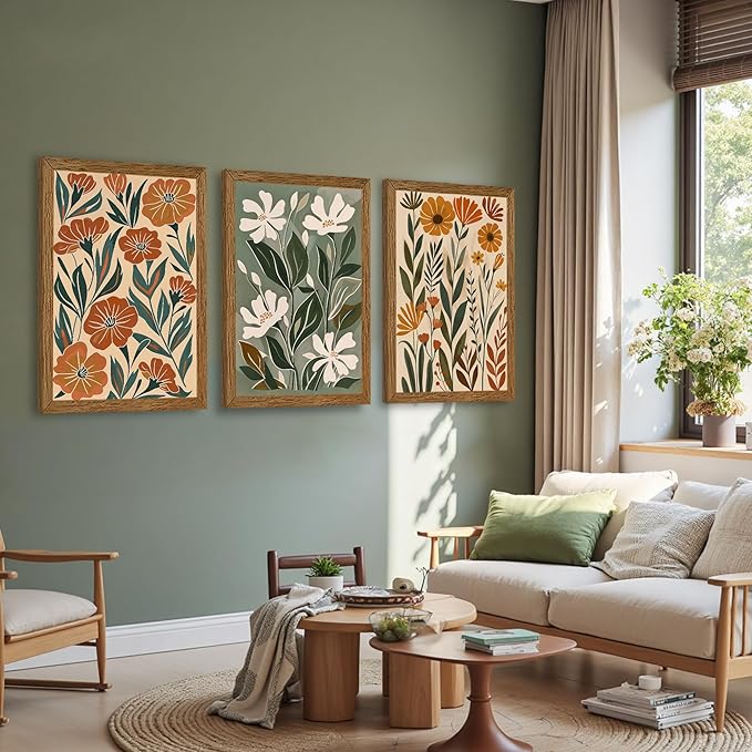InspiredHues 3 Piece Large Abstract Boho Floral Canvas Wall Art, Green Beige Flower Market Wall Decor, Minimalist Colorful Botanica Art Prints for For Living Room Bedroom Office 20x30 Inch Wood Framed