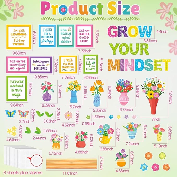 Qilery Growth Mindset Bulletin Board Set - Spring Floral Classroom Decorations & Positive Affirmation Wall Art, Motivational Potted Plant Cutouts for Teacher & Elementary School Counselor