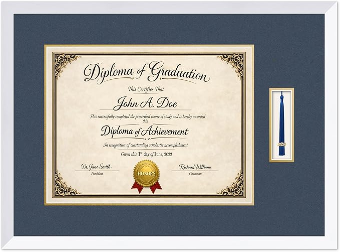 Diploma Frame with Tassel Holder Bright White Shadowbox Navy Blue Over Gold Mat - Fits 17 x 13 Degree Made in the USA