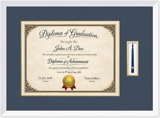 Diploma Frame with Tassel Holder Bright White Shadowbox Navy Blue Over Gold Mat - Fits 17 x 13 Degree Made in the USA