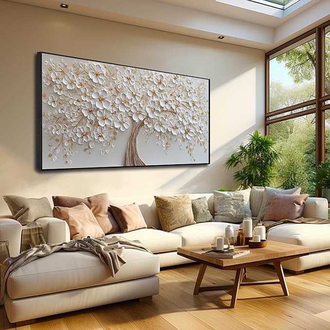 Tree Pictures Wall Decor Dining Room White Flower Canvas Wall Art for Bedroom Women Large Black Framed Wall Art for Living Room 29 x 58 Inch