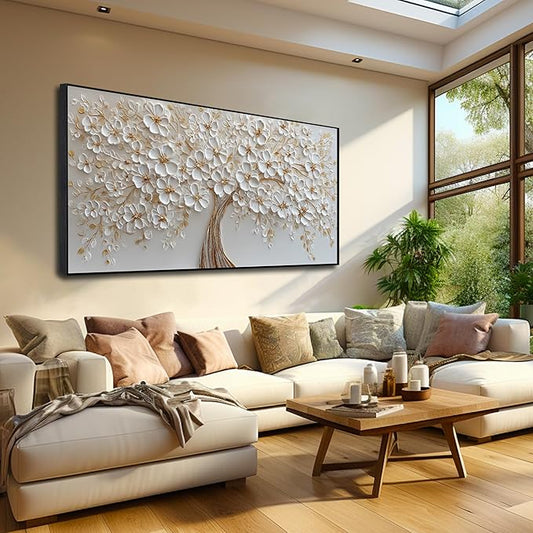 Tree Pictures Wall Decor Dining Room White Flower Canvas Wall Art for Bedroom Women Large Black Framed Wall Art for Living Room 29 x 58 Inch